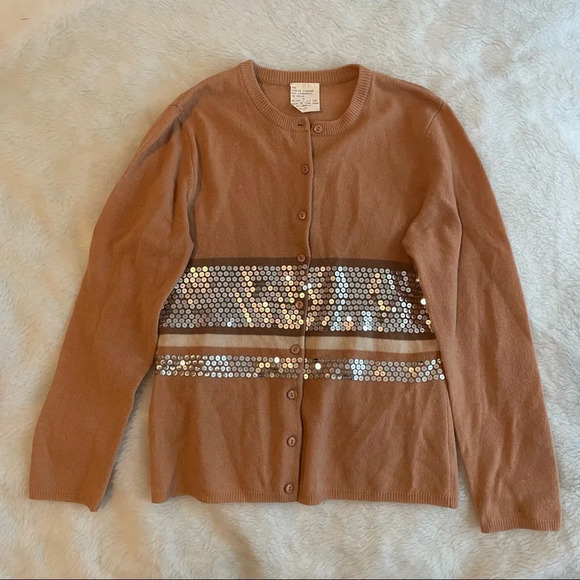 Vintage 80s/90s camel beige wool cardigan  with sequins and stripe - Picture 1 of 4